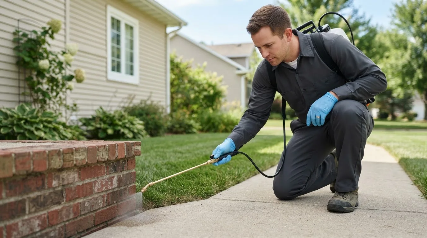 Pest control technician treating a home near Parlin, CO
